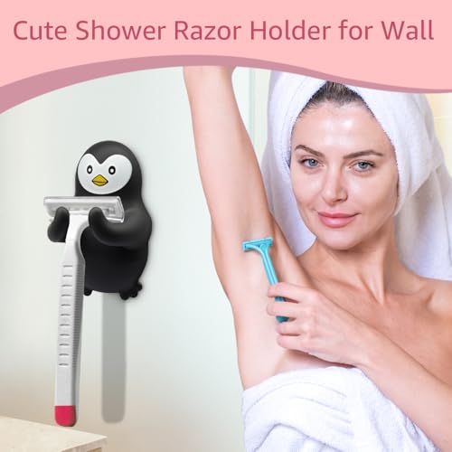 Animal Razor Holder for Shower, Cute Penguin Safety Razor Stand for Women Men, Razor Hanger for Family, Funny Shaver Holder for Friend Sister, Towel Squeegee Shaver Hooks for Bathrooms Wall C