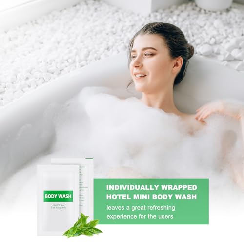 500 pack Travel Size Body Wash Bulk Individually Wrapped - Refreshing Mini Shower Gel Single Use Supplies for Homeless Care Hotel Guests, White Tea Scent,0.35 fl oz/10ml