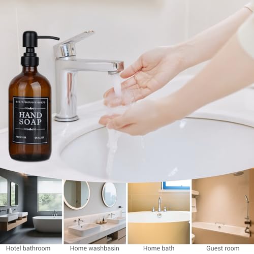 2 Pack Brown Glass Bottle, Soap Dispenser with Stainless Steel Pump,17 oz Upgrade Hand and Dish Soap Dispensers Kitchen, Hand Soap Dispenser Bathroom Accessories for Hotel, Vacation Rental, Restaurant