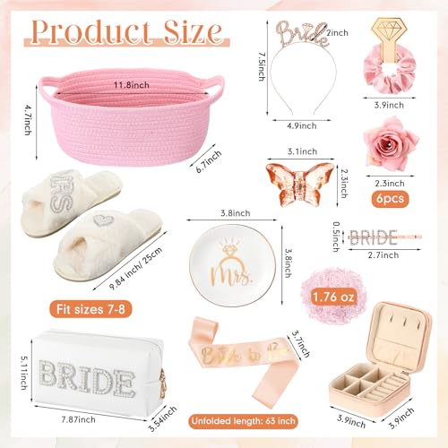 Baderke 17 Pcs Bride to Be Gift Basket for Bridal Shower, Bridal Box with Basket, Makeup Bag, Slippers, Headband, Sash, Mrs Ring Dish, Jewelry Box and More for Wedding Engagement Gift(Pink)