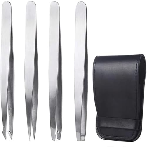 4-Piece Stainless Steel Tweezer Set - Tweezers for Eyebrows, Precision Tweezer Set for Women & Men - Ingrown Hair Tweezer, Long Lash & Eyelash Tweezers, Tweezers for Crafting (Silver)