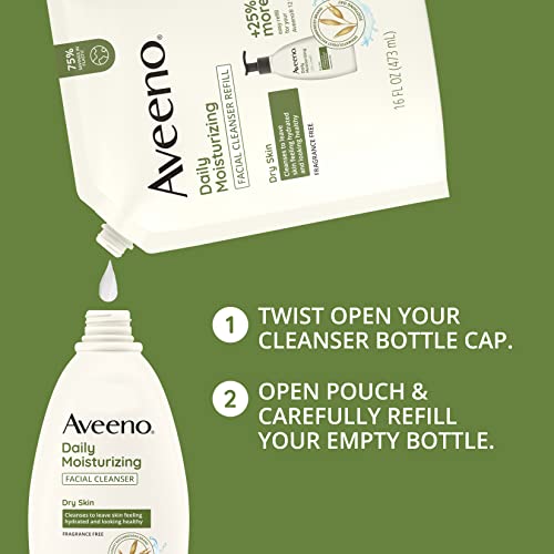 Aveeno Daily Moisturizing Facial Cleanser with Soothing Non-GMO Oat, Leaves Skin Feeling Hydrated, Soft & Supple, Paraben-, Sulfate-, Fragrance-, Dye- & Soap-Free, Refill Pouch, 16 fl. oz (Pack of 3)