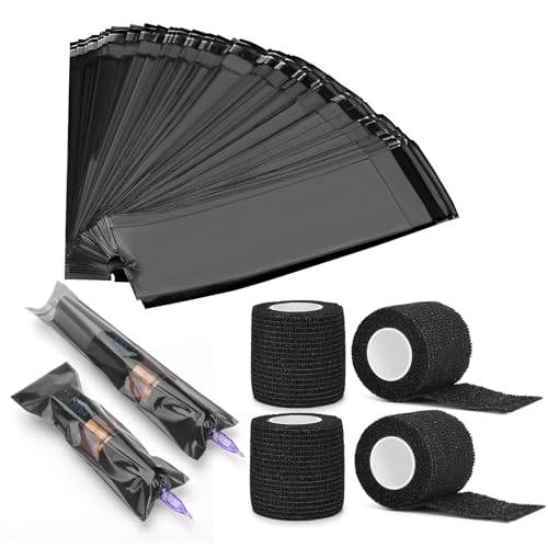 JimKing 100pcs Tattoo Pen Covers, Sealable Pen Sleeves, with 4pcs Tattoo Grip Wraps Self-Adhesiive Tapes, Extral Large