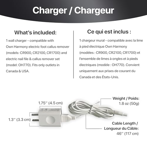 Own Harmony Charging Adaptor for Electric Foot Callus Remover Models CR900, CR2100, CR1700 - USB Charger Works Only with Nail Care Kit & Pedicure Tools by Own Harmony