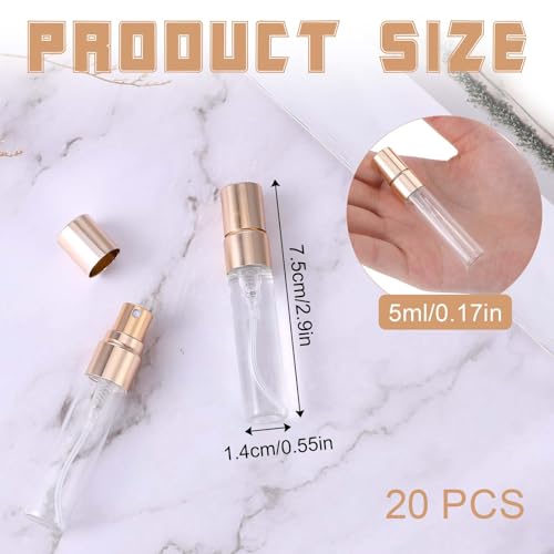 20 Pack 5ml Atomizer Glass Spray Bottles Mini Spray Bottles Glass Perfume Bottle Decant Bottles Gold Mini Sample Bottle Small Tiny Spray Bottle Refillable Mist Travel Sprayer