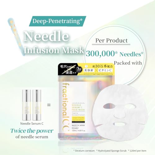 fractional CC Needle Serum C Face Mask, Made in Japan, 300000 Needle Infusion Masks, Vitamin C, Glutathione, Pore Care, 6 Sheets