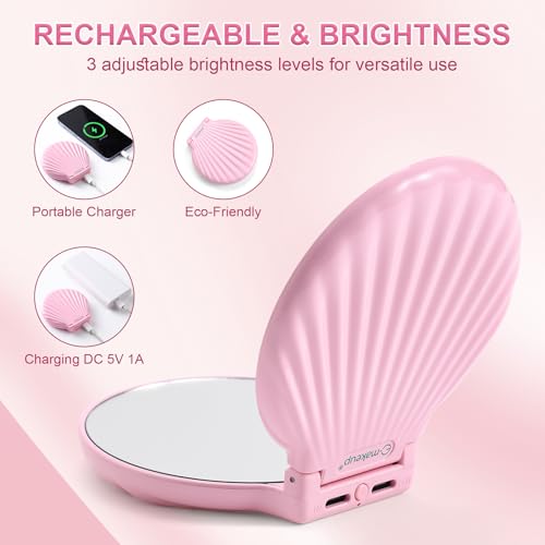 Compact Makeup Mirror with Lights Travel Vanity Mirror with Lights Small Compact Mirror 2x/10x Magnification & LED Lighted, Magnifying Mirror Portable Adjustable Rechargeable, Pink