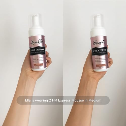 Loving Tan 2 HR Express Mousse, Medium + Mitt - Streak Free, Natural looking, Professional Strength Sunless Tanner- Up to 5 Applications per Bottle, Cruelty Free, Naturally Derived DHA - 4 FL Oz