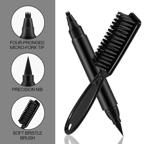 Beard Pencil Filler for Men, Double Head 4 Forks Grooming Beard Pen, Fast Fill Thin Beard, Water & Sweat Resistant, Long-Lasting Black Beard Shaping Kit, Creates a Naturally Thicker Beard