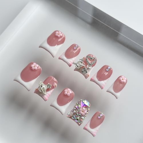 Luxury Press on Nails Short Duck Handmade 3D Unique Reusable ABS Material Fake Nails White French Tip False Nails with Designs Pink Flower Rhinestones Glossy Glue on Nail Thick Acrylic Nail(S)