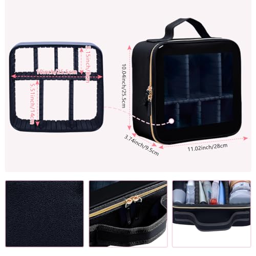 Travel Makeup Train Case Organizer Portable Storage Bag with Adjustable Dividers for Toiletry Cosmetic Brush Jewelry Accessories(Black)