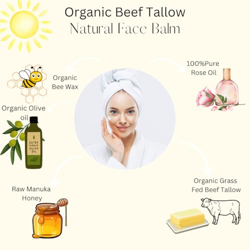 Organic Grass-Fed Beef Tallow-Raw Manuka Honey MGO 263+ Face Balm-Rich in Nutrients, Vitamin A,D and E, Natural Anti-Aging. Rose Fragance from natural Rose extract.