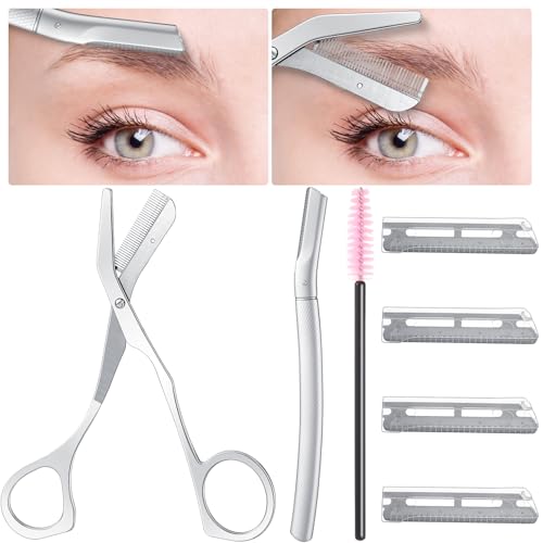 Stainless Steel Eyebrow Trimmer Set Eyebrow Grooming Scissors with Comb Dermaplane Facial Razor with 3 Blades Refills Face Grooming Razor for Women and Men