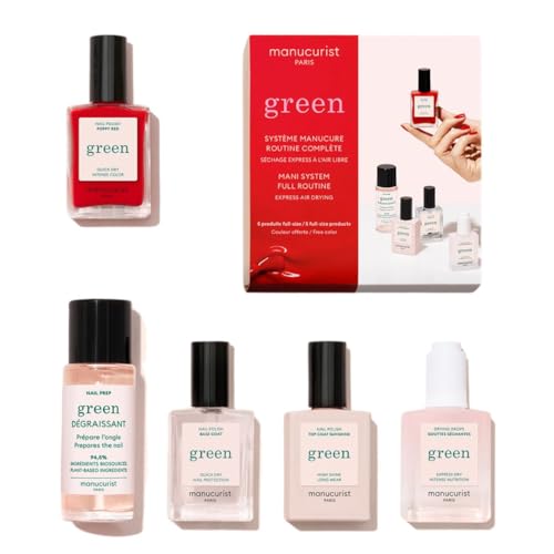 Manucurist System Green¢â (Poppy Red) - Professional Manicure Gift Set, Vegan : 1 Nail Prep, 1 Base Coat, 1 Poppy Red Nail Polish, 1 Top Coat, Drying Drops - Manicure Kit - Gifts for Her