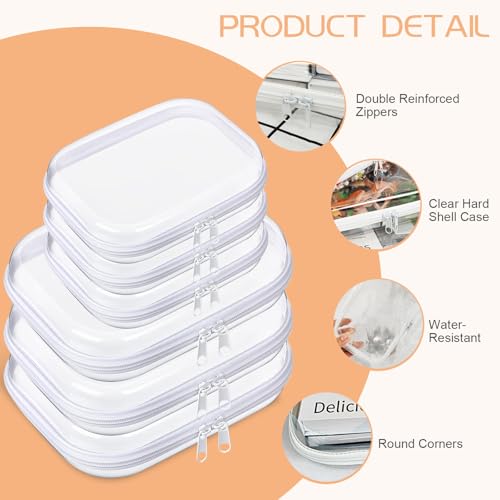 6 Pcs Clear Hard Zipper Case Hard-Sided Premium Storage Case Plastic Clear Hard Shell Zipper Pouch Portable Travel Organizer Box for Travel Building Blocks Puzzles Cosmetics Makeup Supplies (White)
