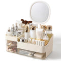 DASITON Makeup Organizer with Rechargeable Mirror and 3 Drawers,Skincare and Cosmetics Organizer Countertop,Makeup Brush Holder,Large Cosmetic Display Case for Vanity,Desk,Bathroom,Bedroom(Cream)
