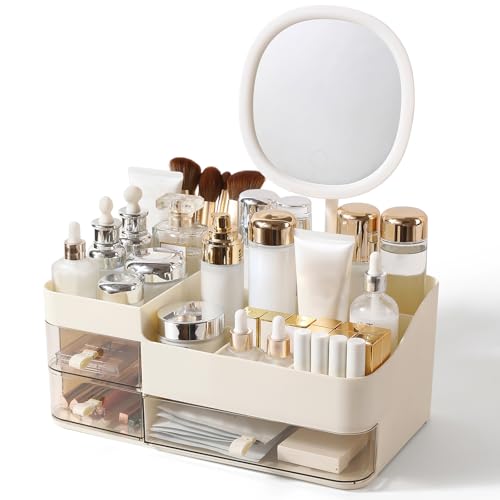 DASITON Makeup Organizer with Rechargeable Mirror and 3 Drawers,Skincare and Cosmetics Organizer Countertop,Makeup Brush Holder,Large Cosmetic Display Case for Vanity,Desk,Bathroom,Bedroom(Cream)