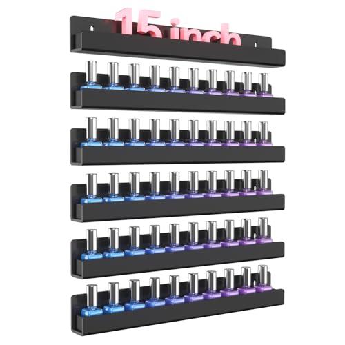 NIUBEE 6 Pack Nail Polish Rack Wall Mounted Shelf with Removable Anti-slip End Inserts, Acrylic Nail Polish Organizer Display 90 Bottles(Black)