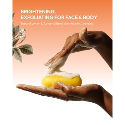 Lemon Turmeric Kojic Acid Soap ? Exfoliating Soap with Almond Particles for Dark Spots, Vitamin C and Extra Shea Butter, Gentle Brightening & Moisturizing for Face and Body ? 105g x4 Bars