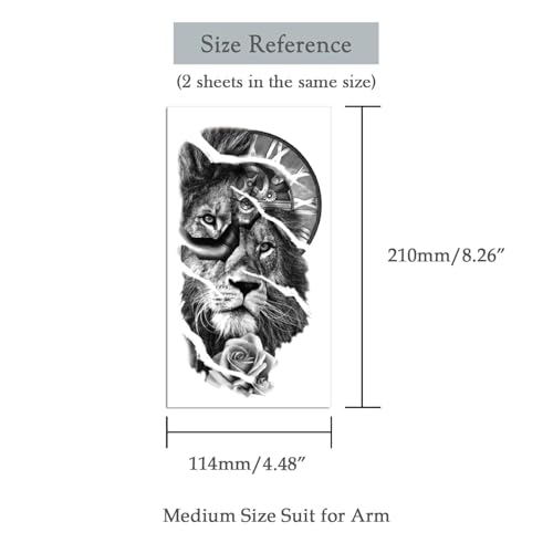 2 Sheets Realistic Animal Temporary Tattoos Stickers Clock Lion Rose Mechanics Designs For Men Waterproof Arm Leg Fake Body Art, Gym & Parties Bold Masculine Decals