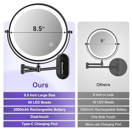 Wall Mounted Makeup Mirror: 1x/20X Magnifying Mirror with Light, 8.5" Double Sided Lighted Makeup Mirror with Magnification, Vanity Mirror for Bathroom, Brush Black