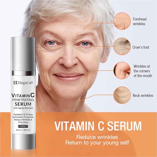 ElegaCell Vitamin C Serum for Women Over 70 - Advanced Anti-Aging Vitamin C Face Super Serum for Mature Skin 1.69 fl oz pack of 2