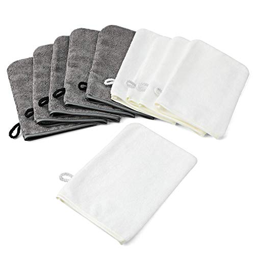 PHOGARY 10 Pack Microfiber Body Wash Mitts, Soft Face Mitten, Bath Spa Cloth, Reusable Makeup Remover Mitt Gloves, European Style Wash Cloth, 6¡¿8 inch, White and Grey