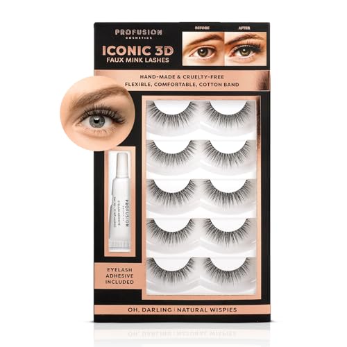 Profusion Cosmetics Iconic 3D Faux Mink False Lashes - Natural to Dramatic Styles with Quick-Dry Adhesive, Lightweight & Flexible Eyelash Set (Oh Darling)