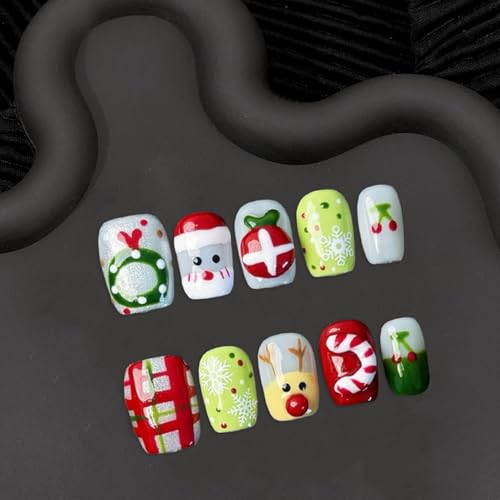Handmade Christmas Press on Nails Thick Short Square False Nails with Xmas Reindeer Santa Claus Candy Cane Designs Muti-Layer Gel False Nails Full Cover Glitter Acrylic Nails for Women (Size S)