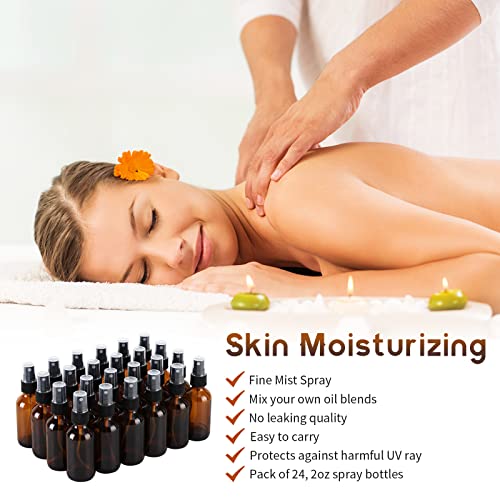 24 Pack Amber Glass Spray Bottles, 2oz/60ml Empty Glass Spray Bottles with Fine Mist, Small Leak Proof Travel Dispenser Bottles for Essential Oils, Bath, Beauty, Hair & Cleaning
