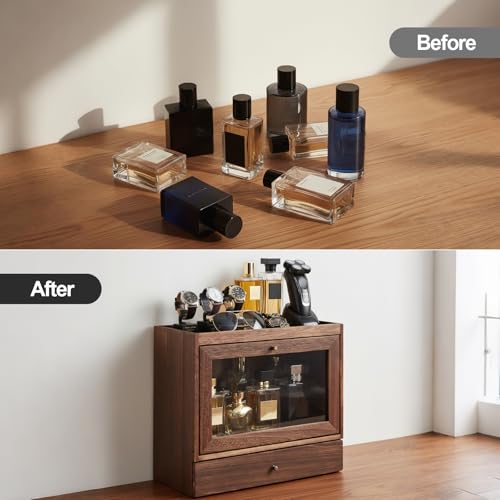 Cologne Organizer for Men,Nightstand Organizer,Cologne Shelf, Solid Wood Cologne Stand with Drawer Storage and Clear Window,Dresser Drawer Organizers,Perfume Stand Organizer,Brown