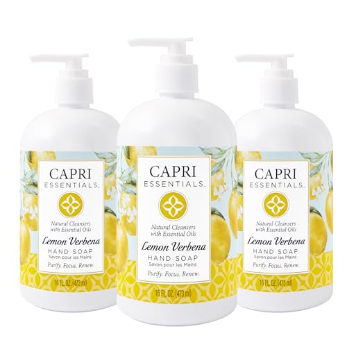 CAPRI ESSENTIALS Hand Soap Liquid, Natural Household Cleaning Supplies, Gentle Plant Based Aromatic Hand Wash, Blend of Essential Oils, Removes Dirt & Grime, Lemon Verbena Scent, 16 FL Oz (3 Pack)