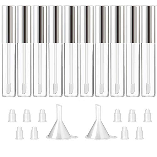 GTHER 10PCS 10ML Empty Lip Gloss Containers Tube with Wand, Refillable Lip Balm Bottles, Lipstick Sample Container and Funnel and Rubber Stoppers for Girls DIY Lip Samples, Silver Top