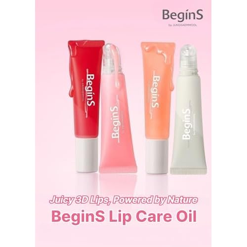 Lip Care Color Oil 0.34 Fl Oz, Vegan Tinted Lip Oil with Jelly Massager for Dry Lips, Hydrating & Cooling Lip Treatment, Long-Lasting Glow & Volume, Korean Lip Oil, BeginS (Cherry More)