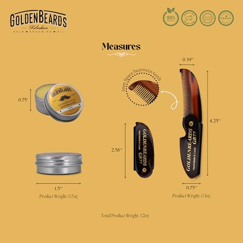 Golden Beards Mustache Wax with GB-77 Folding Comb ? Organic & Natural Styling Wax for Men ? Strong Hold, Vegan, Cruelty-Free Grooming Kit