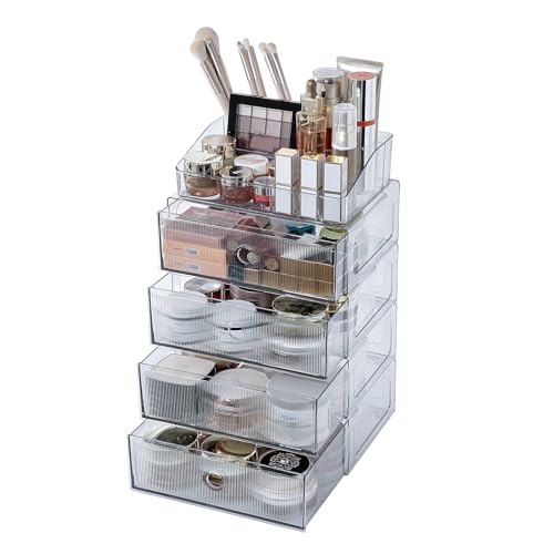 5-Tiers Makeup Organizer with Drawer for Vanity, Stackable Bathroom Storage Box for Beauty Essentials, Skincare Products, Cosmetic Brushes, Perfume Stand, Clear Lipsticks Holder