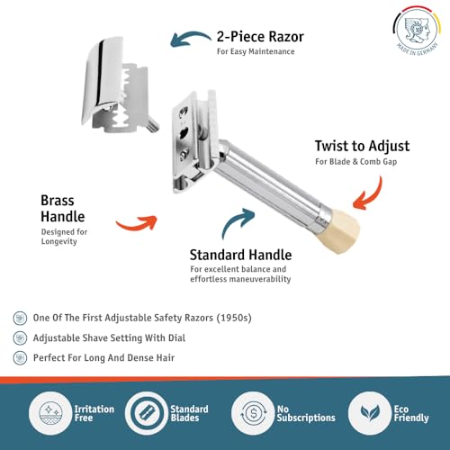 MERKUR Progress 500 Adjustable Double Edge Safety Razor - Standard Handle Adjustable Razor With Dial Made in Germany Plastic-Free Closed Comb Straight Bar