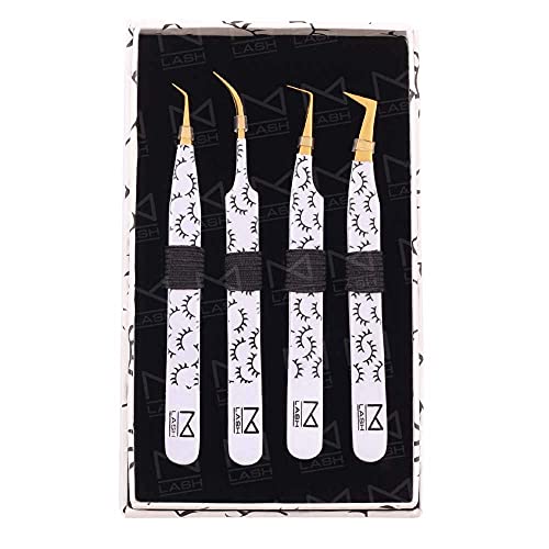 M LASH Tweezers for Eyelash Extensions (Set of 4) - Professional Lash Extension Tweezers - Fiber Tip, Japanese Steel, Diamond Grip Eyelash Extension Tweezer set (WL)