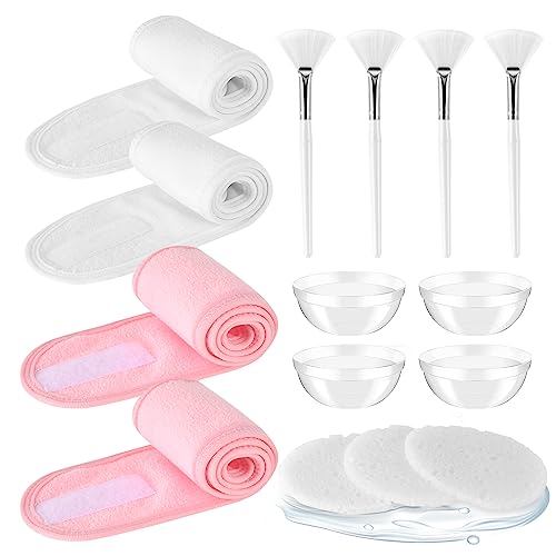 DOSTATNI Esthetician Supplies for Facials set 15 Pieces Esthetic Sponges 4 Facial Brushes Headbands Bowls Supplies, Pink,White
