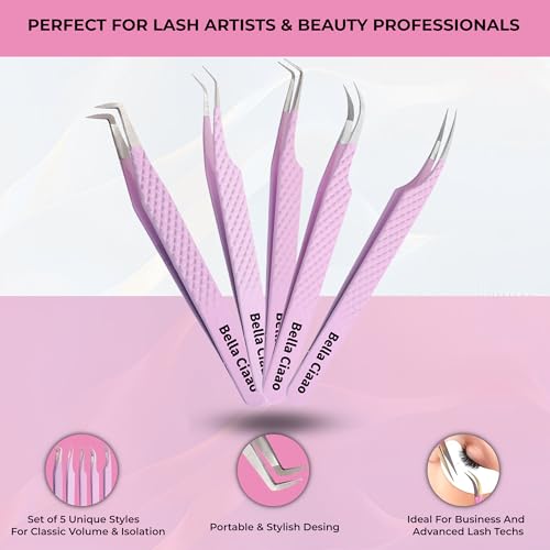 Bella Ciaao Lash Tweezers Pack of 5 ? Eyelash Extension Tweezers Set for Professionals