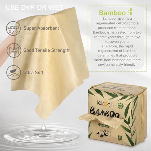 LEKOCH Bamboo Dry Wipes - 100% Biodegradable & Hypoallergenic | Makeup Remover & Baby Wipes | 1 Packs (50 Count, 8x8 Inches) | Ultra Soft for Wet/Dry Use