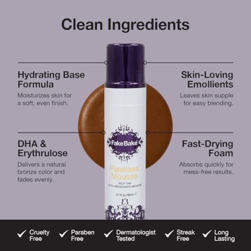 Fake Bake Flawless Self Tanning Mousse Streak-Free, Long-Lasting Natural Glow For All Skin Tones Women & Men - Sunless Tanner Includes Mitt For Easy Application, Black Coconut Scent - 6.7 oz