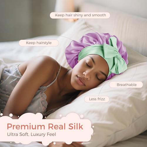 Double-Layer Mulberry Silk Bonnet for Sleeping Women 22 Momme 6A with Adjustable Ties, 13 Inch Anti-Frizz Sleep Hair Bonnet for Hair Protection, Includes Silk Scrunchie, Purple