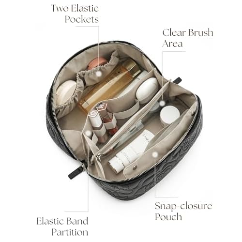 Popvibe Open Flat Makeup Bag Travel Cosmetic Case for Women, Large Capacity Toiletry Travel Bag with Zipper, Portable Aesthetic Floral Make Up Organizer Pouch with Dividers & Handle, Black, Large
