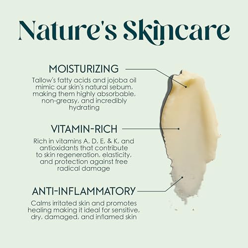 Beef Tallow Balm Face and Body Moisturizer for Sensitive Skin | Made with Grass-Fed Beef Tallow, Organic Pomegranate, Jojoba, and Castor Oil | Unscented 4 oz