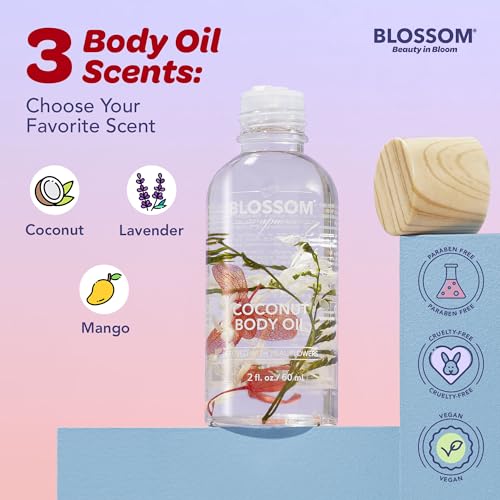 Blossom Skincare Moisturizing and Hydrating Body Oil, Dry Oil Infused wtih Real Flowers, 4floz/120ml, 2 Pack Bundle, Coconut/Lavender