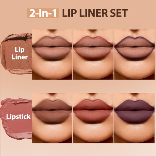 2 in 1 Lip Liner Pencil and Lipstick Lip Combo Set, Matte Nude Black Dark Brown Red Lip Liner, Smooth Creamy Lip Pencil, High Pigmented Non-Smudging Waterproof Long Lasting Lip Makeup 06#