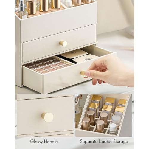 VLANDO Makeup Organizer for Vanity,Large Capacity Countertop Organizer with Drawers, PU Leather Cosmetic Display Case for Lipstick,Brushes,Skincare,Bedroom Storage (Beige)