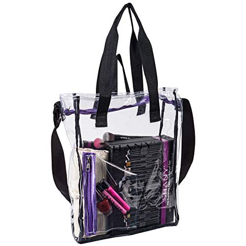 SHANY Clear Toiletry and Makeup Carry-On Travel Bag ? Large Multiple Handle, Two-Tone Tote with Purple Front Zippered Pocket