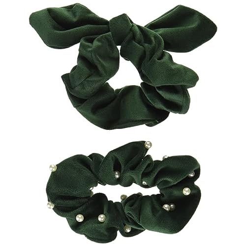 Mud Pie Women's Pearl Velvet Scrunchie Set, Green, One Size